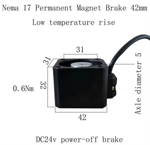 Nema 17 brake square stepper motor, 42x42mm body, 5mm shaft, DC24V power-off brake, black housing