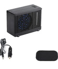 Compact 12V Car And Home Mini Air Cooler With Evaporative Water Cooling And Two Speed Switches, includes fan, power cord, air pad.