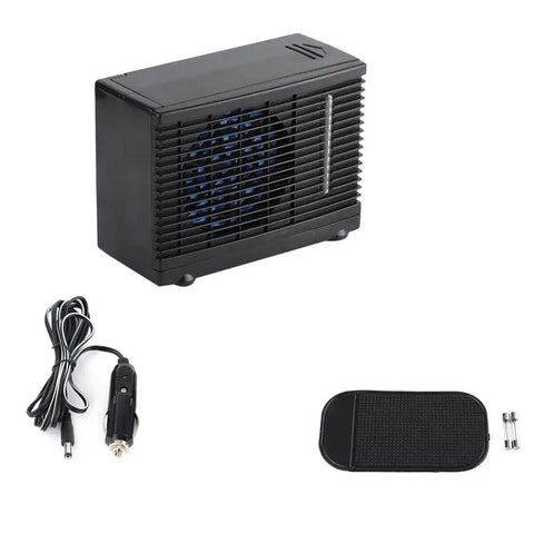Compact 12V Car And Home Mini Air Cooler With Evaporative Water Cooling And Two Speed Switches, includes fan, power cord, air pad.