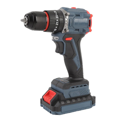No Fuss Cordless Drill Kit Packing A Smooth Brushless Motor, 1500 Rpm Guts, Badass 45 Nm Torque To Chuck Through Wood And Plastic Effortlessly For Lazy Weekend Remodeling And Slick Diy Projects Us Plug Setup - side view of cordless drill with battery and adjustable torque settings