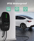 Heavy Duty Level 2 EV Charger Station For Full Throttle Charging And No Sweat Install, 48 Amp 11.5 KW Hardwired Wall Box with Smart Display and 26 Ft Cord in rainy outdoor setting.