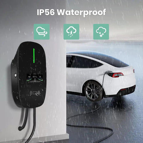 Heavy Duty Level 2 EV Charger Station For Full Throttle Charging And No Sweat Install, 48 Amp 11.5 KW Hardwired Wall Box with Smart Display and 26 Ft Cord in rainy outdoor setting.