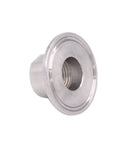 Close-up of stainless steel 1.5-inch sanitary tri-clamp to 1/2-inch NPT female adapter