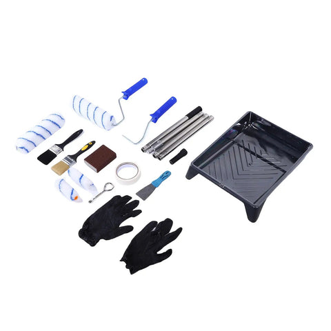 Heavy Duty Paint Roller Kit With Extension Pole Reaches High Ceilings Effortlessly No Ladder Required includes rollers, brushes, gloves, and tray.