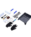 Ultimate Paint Roller Kit With Telescopic Extension Pole For Ladder Free Magic High Ceiling Covering includes brushes, gloves, and tray.