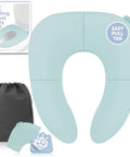 No Sweat Folding Travel Potty Training Seat For Little Ones With Super Simple Pull Tab And Compact Foldaway Design in aqua with carry bag.