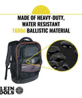 Rugged Tech Ready Laptop Backpack And Tool Bag For Pros Water Resistant Tech Pack with close-up of ballistic material