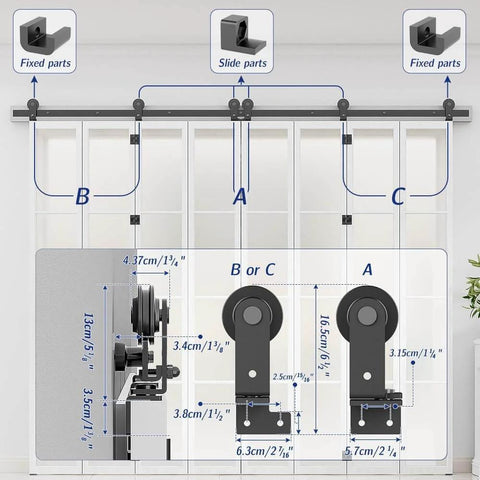 Diagram of 12 Foot Bi Folding Sliding Barn Door Hardware Track Kit for Interior Use Supports Eight Panels That Fold To Both Sides