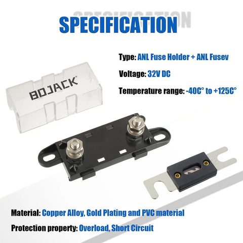 Heavy Duty 150A ANL Fuse Holder And 150 Amp 32 Volt Dc Blade Fuses For Car Audio Setup with copper and PVC construction.