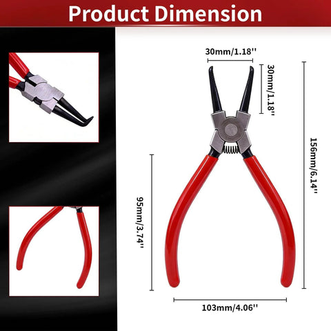 7 Inch Snap Ring Pliers With 90 Degree Bent Tips For Internal Circlip Installations And Retaining Ring Removal Precision Forged Internal Pliers Built Tough With Durable Red Handle For Easy Slip Free Gripping shown with dimensions