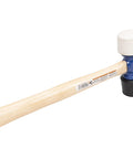 Pro Grade 24 Oz Soft Face Rubber Mallet With Replaceable 2 Inch Non Marring White Tips Made In USA White And Black RM24 VN19510 Heavy Duty Hammer For Woodworking Assembly Auto Body And Flooring Projects, side view with wooden handle.