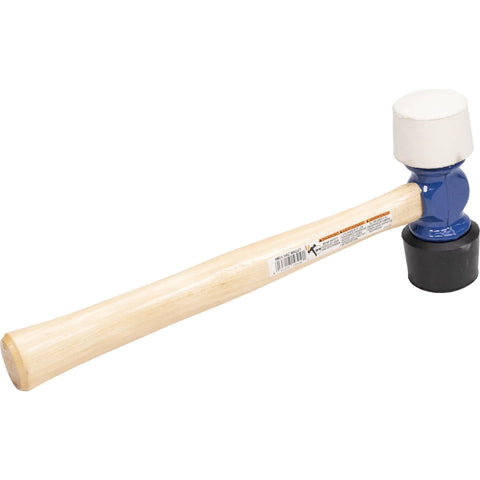 Pro Grade 24 Oz Soft Face Rubber Mallet With Replaceable 2 Inch Non Marring White Tips Made In USA White And Black RM24 VN19510 Heavy Duty Hammer For Woodworking Assembly Auto Body And Flooring Projects, side view with wooden handle.