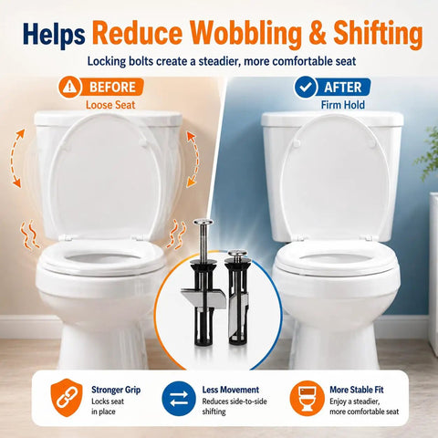 Top Shelf Heavy Duty Toilet Seat Bolt Kit Featuring Rust Resistant Stainless Steel Screws For Universal Bathroom Fixture Repair And A Rock Solid Mount That Keeps Things Tight And Secure, showing before and after installation.