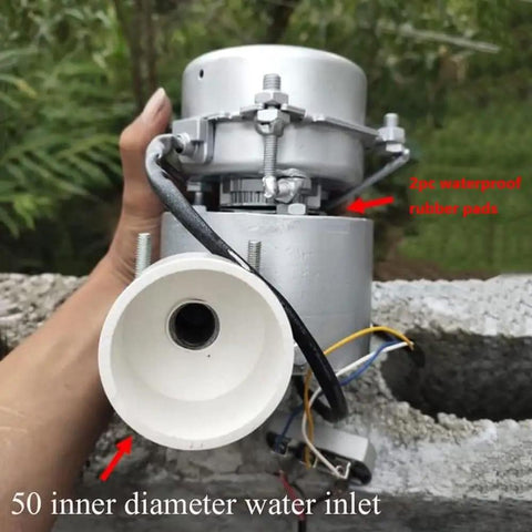 Person holding a 1000W Micro Hydro Generator For Outdoor Use Hydroelectric Water Turbine With 220V Output; visible water inlet
