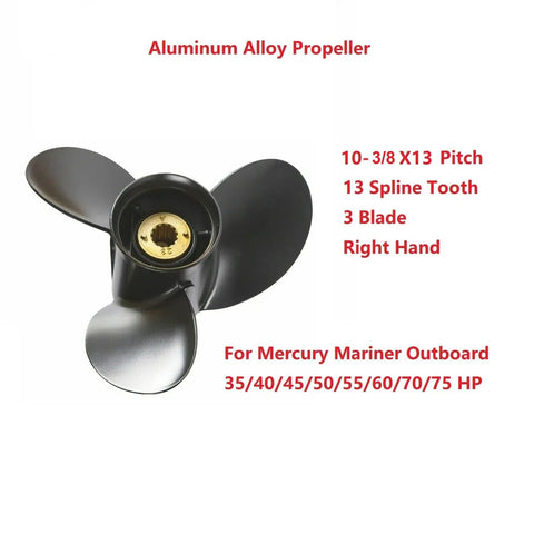 Propeller 10 3/8 X 13 Pitch Right Hand 13 Spline For Mercury Mariner Outboard Motors 25-70 HP Aluminum 3 Blade Prop
