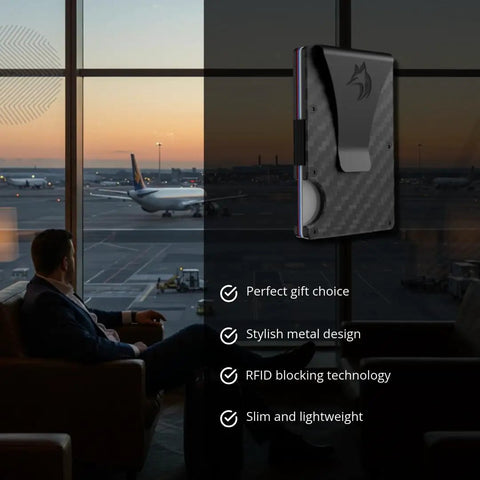 Ultra Slim RFID Blocking Wallet For Men With Money Clip Carbon Fiber Build displayed in an airport lounge setting