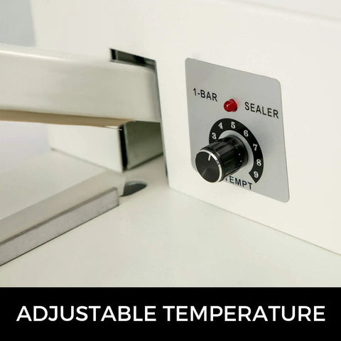 Close-up of Heavy Duty 18 Inch Shrink Wrap Sealer and I Bar Shrink Wrap Machine control knob indicating adjustable temperature settings.