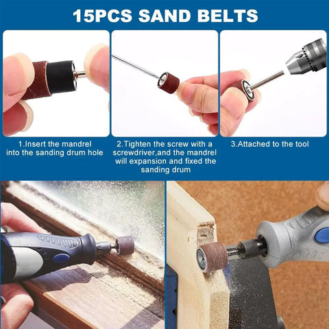 Pro Grade All In One 268 Piece 1 Inch Wet And Dry Sanding Kit showing sanding drum assembly and usage on wood surface