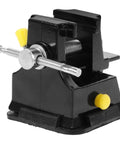 Black mini bench vise table clamp with suction base and yellow knobs for jewelry making and carving DIY craft workholding.