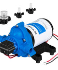 Quiet 12V RV Water Diaphragm Pump Replacement For Camper Marine Boat Travel Trailer And Off Grid Use On Demand Self Priming With Adjustable Pressure Switch 3 Point 5 GPM 45 PSI shown with fittings