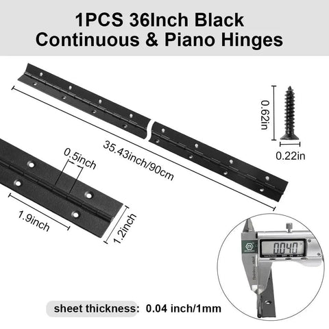 Killer Quality 36 Inch Heavy Duty Stainless Steel Piano Hinge In Sleek Black Finish With Packaged Mounting Screws for precise measurements and specifications.
