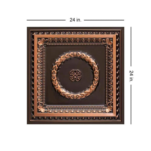Laurel Wreath Faux Tin Ceiling Tile 2x2 PVC Antique Copper Finish, square tile with intricate border and wreath design.