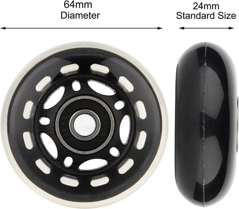 64mm Inline Skate Wheels 82A With ABEC 9 Beefy Bearings 4 Pack For Rollerblade And More Smooth Ride, front and side view
