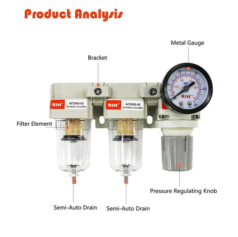 Beefed Up 3 In 1 Air Filter Regulator Combo With Double Five Micron Brass Elements, One Quarter Inch NPT, Water Separator