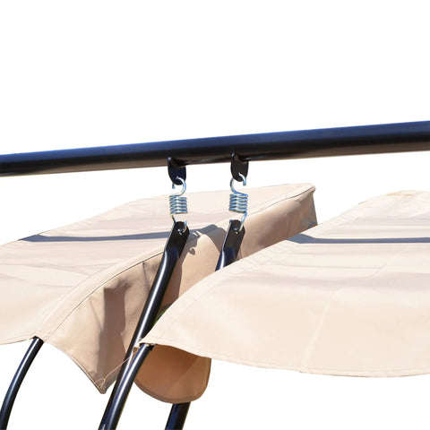 Double Seat Outdoor Patio Swing With Removable Canopy And Cup Holders, close-up of beige canopy and sturdy metal frame attachments.