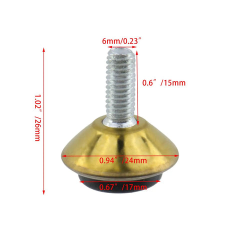 Heavy Duty M6 Screw On Furniture Levelers And Table Leg Extenders Top Shelf Adjustable Riser Feet with golden conical design.