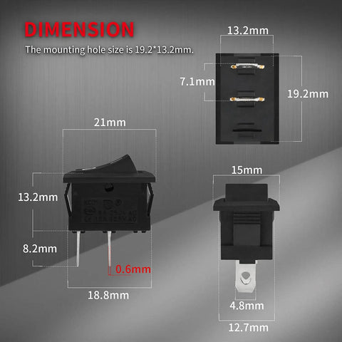 Dimensions of Mini 12V 20A SPST Rocker Switch For Automotive And DIY Projects Pre Wired Black KCD1 Two Pin On Off Toggle