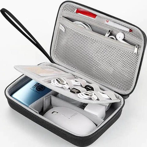 Kickass Hard Shell Cable Organizer Case Featuring Legit Shockproof Padding And Smart Double Layer Dividers For Keeping Your Power Adapters Cords And Tech Gear Snug On The Road with cables and mouse inside.