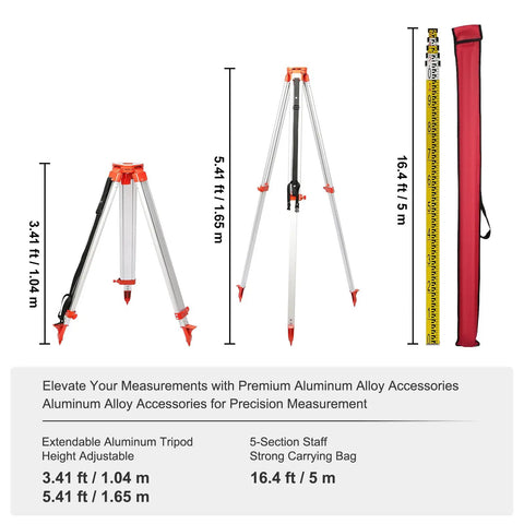 Red Rotary Laser Level Kit Pro Grade With 360 Degree Self Leveling 1650ft Range Surveying Tripod And 5m Staff IP66 Waterproof Remote 5 Rotation Speeds 4 Angle Adjustments Ships In Three Packages, aluminum tripod and 5m staff
