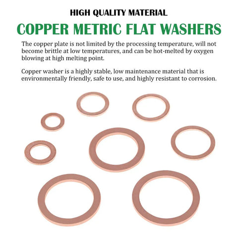 Copper Washers Set 320 Pieces Assorted Sealing Washers For Automotive Use Eight Metric Sizes M6 To M20 displayed with description