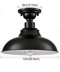 12-Inch Farmhouse Matte Black Dope Semi Flush Mount Ceiling Light With Barn Shade, front view with dimensions