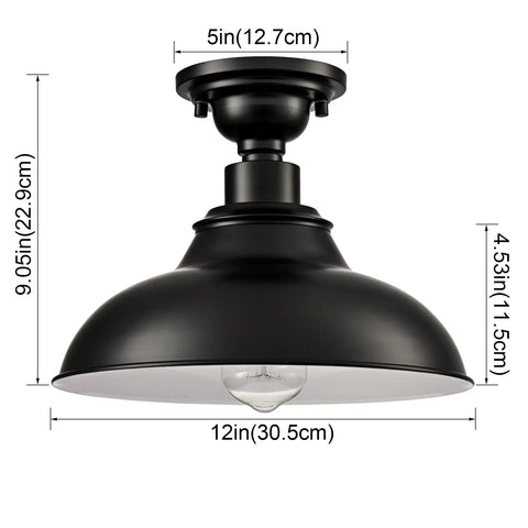 12-Inch Farmhouse Matte Black Dope Semi Flush Mount Ceiling Light With Barn Shade, front view with dimensions
