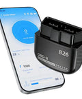 Bluetooth OBD2 Scanner For IOS And Android With Bluetooth 5.1 No Subscriptions 2026 Upgraded Diagnostic Tool next to a smartphone app display.
