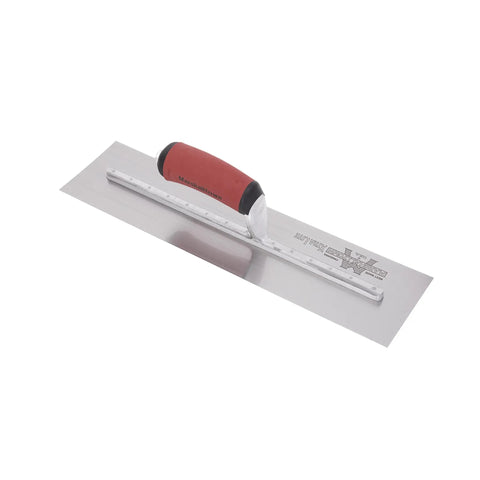 Pro Grade Finishing Trowel 16 By 4 Inch with High Carbon Steel Blade, DuraSoft Curved Handle, and Xtralite Mounting in red.