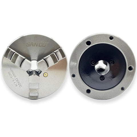 4 Inch 3 Jaw Self Centering Lathe Chuck 100mm With Internal And External Jaws For CNC Milling Drilling And Wood Turning, front and back view