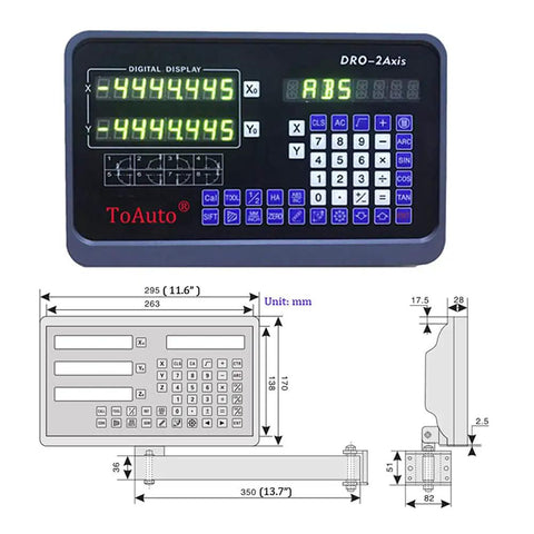 2 Axis DRO Digital Readout For CNC Milling Lathe With 5 Micron Resolution, 11.6 Inch Display, front view and dimension diagram