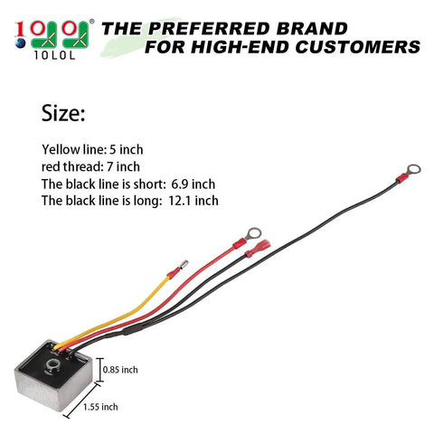 Premium Voltage Regulator Rectifier For Club Car Ds Carryall Gas Golf Carts 1992 Up with outlined size details and wire lengths.