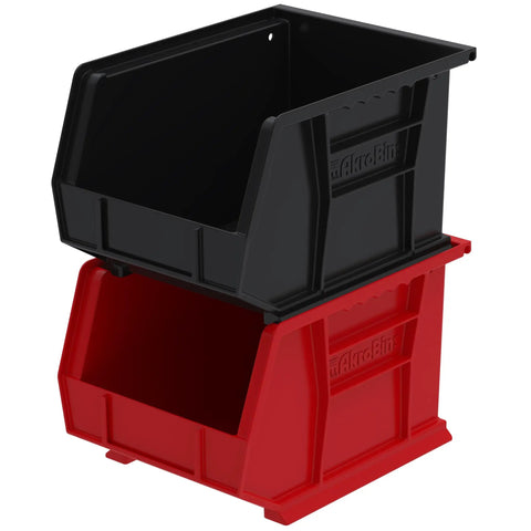 Black and red stackable plastic storage bins, heavy duty for garage and pantry organization, space saving totes, 11x8x7 inches