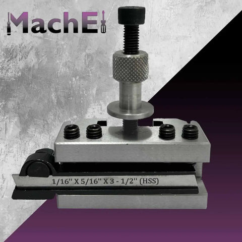 Front view of Go-To Quick Change Tool Post Holder For Boxford Warco And Similar Size Lathes With Parting Cut Off Holder Half Inch Blade High-Strength Tool Steel For Fast Tool Changes And Precise Machining.