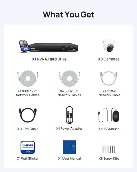 Image showing contents of 16 Channel 4K PoE Security System With Eight Outdoor 4K Cameras, 12MP NVR With 4TB HDD, AI Motion Detection.