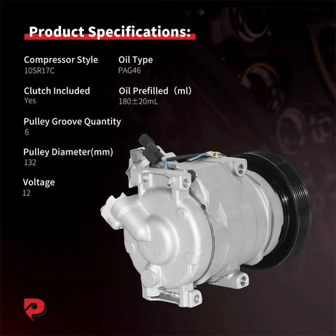 Heavy Duty AC Compressor With Clutch Swap For Acura MDX And Honda Odyssey Pilot, showcasing specifications including PAG46 oil type.