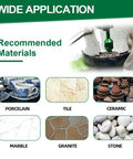 Diamond Tile Hole Saw Kit Pro Grade materials: porcelain, tile, ceramic, marble, granite, stone. Gloved hand using tool.