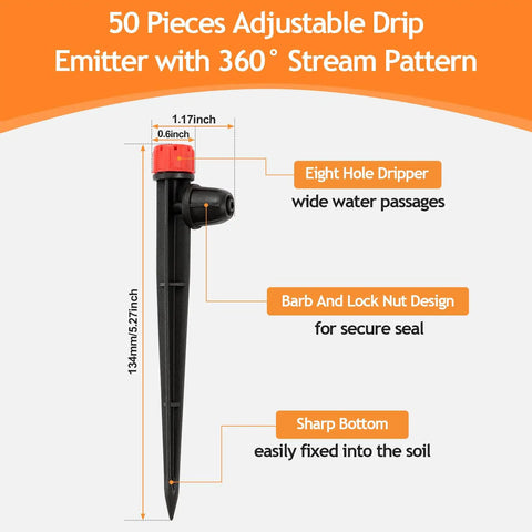Adjustable Drip Irrigation Emitters Kit With Five Inch Stakes Fifty Pack For Quarter Inch And Four To Seven Millimeter Tubing