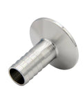 Side view of 304 stainless steel sanitary fitting: 1.5in tri-clamp to 3/4in hose barb.