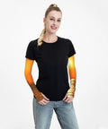 Model wearing Ice Silk Arm Sleeves For Outdoor Use Moisture Wicking Breathable Long Sleeve With Thumb Hole, sunset design.