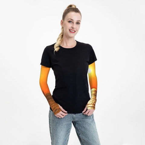 Model wearing Ice Silk Arm Sleeves For Outdoor Use Moisture Wicking Breathable Long Sleeve With Thumb Hole, sunset design.